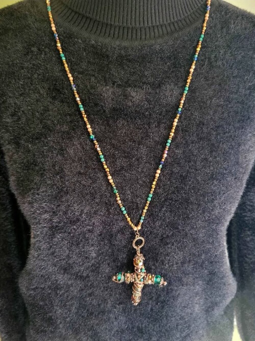 Cross Pendant Beaded Copper Wired Cookie Lee Necklace